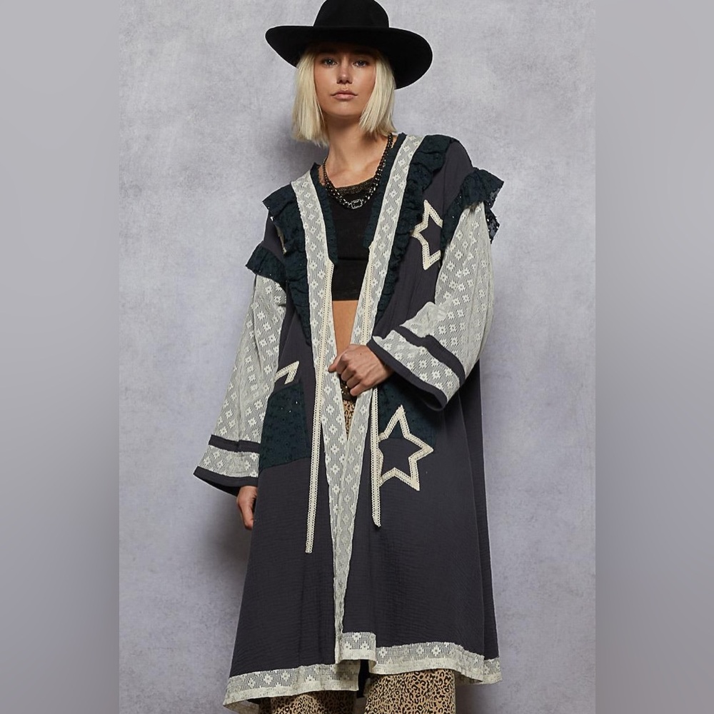 New POL Embroidered Star Lace-Trim Kimono Coat